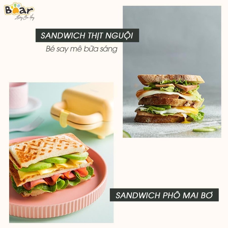 Máy Nướng Bánh Mì Kẹp Nướng Bánh Sandwich Làm Bánh Waffle, Rán Trứng Xúc Xích Bear DBC-P06N2