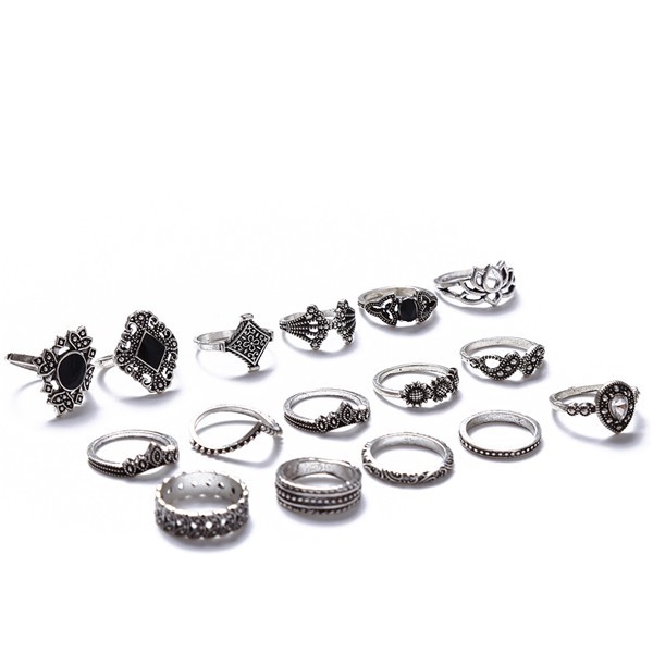 Set 15 nhẫn mini màu bạc đính đá phong cách Bohemia thời trang