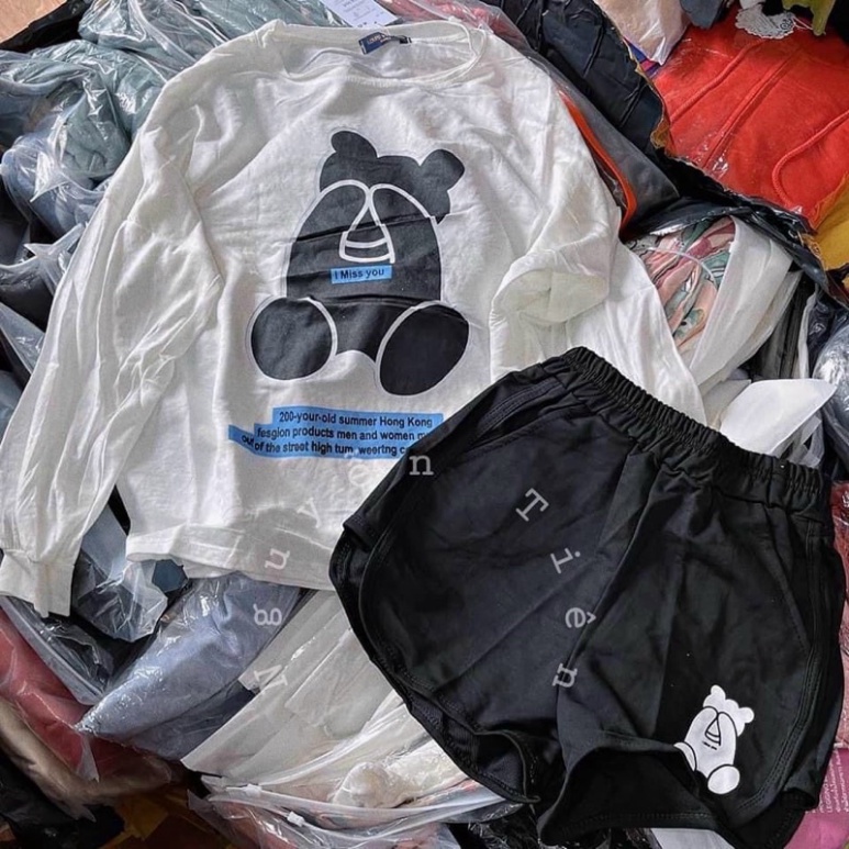 Set bộ áo tay dài in gấu kèm quần đùi cute - A5U