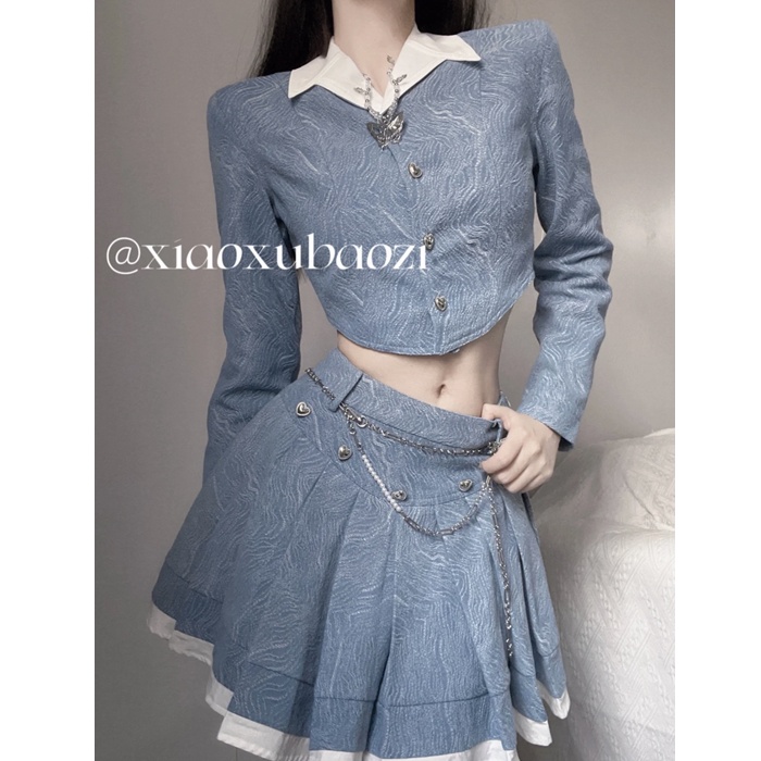 Set Áo Khoác Denim + Chân Váy Xếp Li Thời Trang Dành Cho Nữ