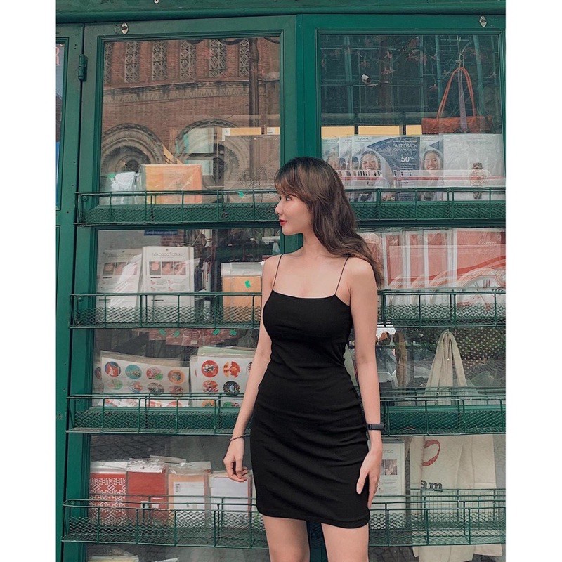 V036 váy 2 dây quai mảnh ôm body , màu đen, sợi bún đầm nữ hai dây dài đen tôn dáng, vải thun cotton thoáng mát co giãn