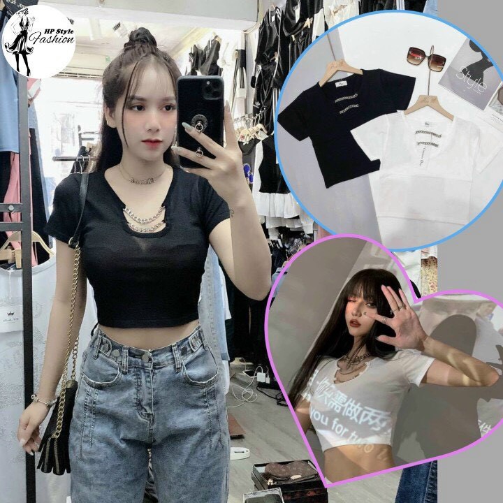 áo croptop thun bozip viền 2 xích trước ngực cá tính