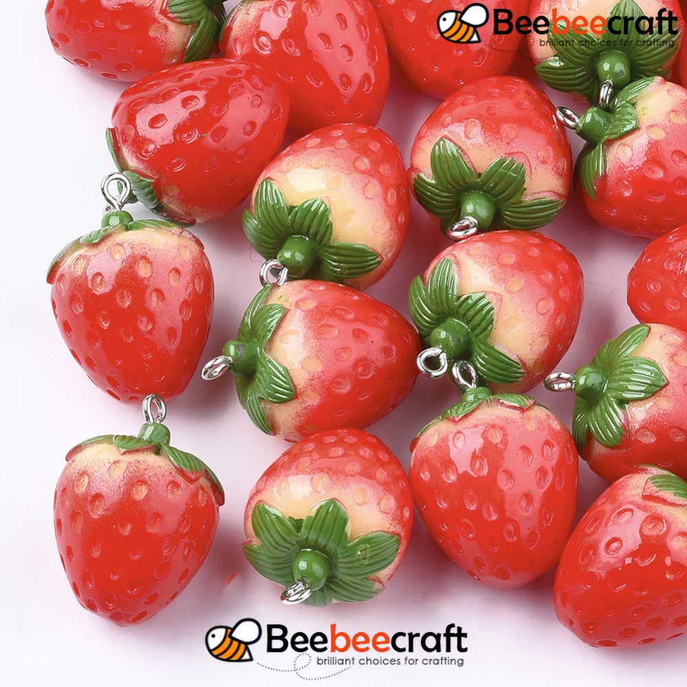 Set 5~10 Mặt Dây Chuyền Resin Mạ Bạch Kim Hình Trái Dâu/Cam/Cherry/Trái Cây Màu Đỏ 28~29x20x20mm Lỗ 2mm
