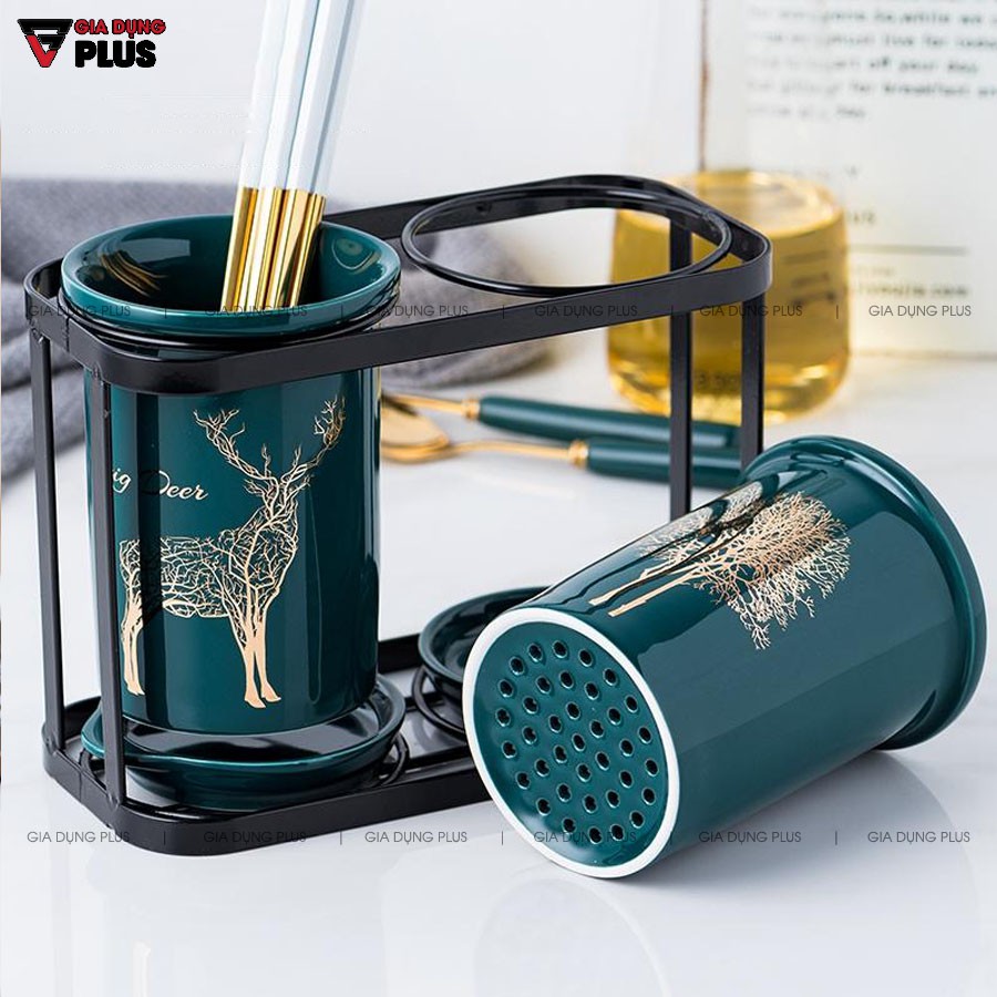 Hộp đựng đũa sứ, thìa, muỗng sứ dán tường &amp; đặt bàn - màu xanh ngọc lục bảo (xanh cổ vịt)