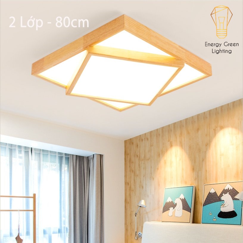 Đèn Ốp Trần Thân Gỗ Cao Cấp Energy Green Lighting DGT-Y380 - 2 Lớp, 3 Lớp Hình Vuông - Đường Kính 80cm