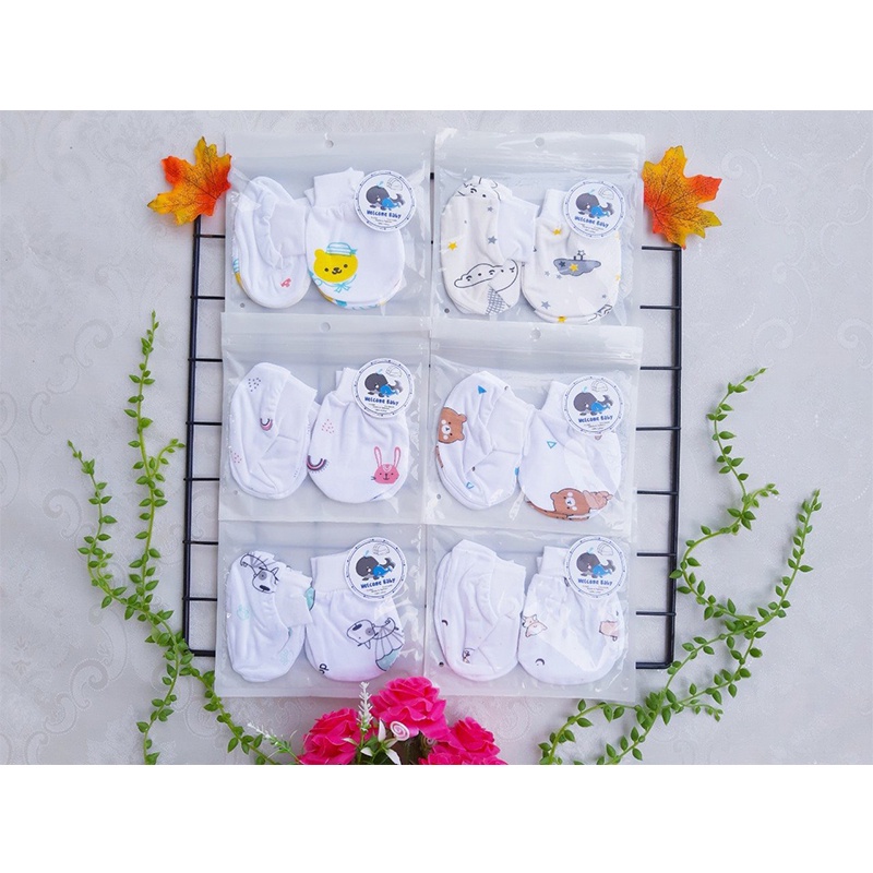 Set bao tay bao chân sơ sinh chất peptit họa tiết đáng yêu_C09