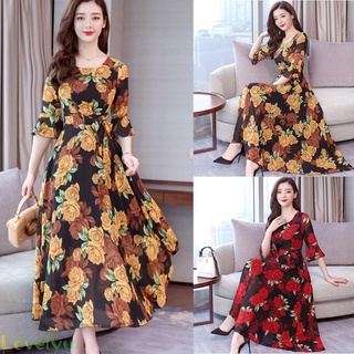 Women Beautiful Elegant Floral Dress Korean Style Short Sleeve Casual Dress Plus Size
