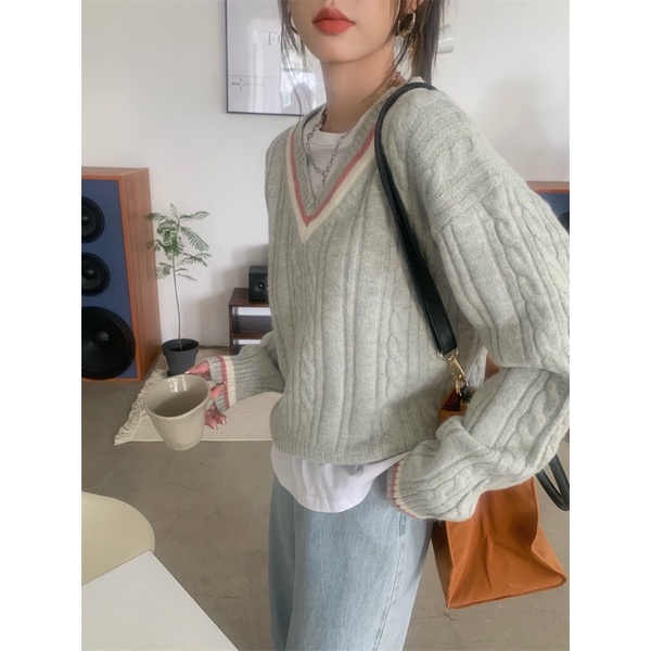 Áo len cổ V xám nhạt phối màu pastel basic mùa đông ấm áp dễ thương phong cách Hàn Quốc Yannie