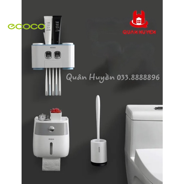 Bộ 3 chi tiết Ecoco | Kệ nhả kem 4 cốc, Cọ toilet silicon, Hộp giấy vệ sinh 2in1 không khoan tường mẫu mới