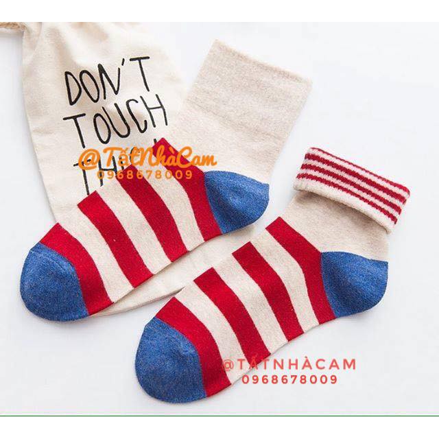 TẤT CAO CỔ NỮ VỚ CAO CỔ NAM Tất sọc khoang 5 màu CAM CAM VINTAGE