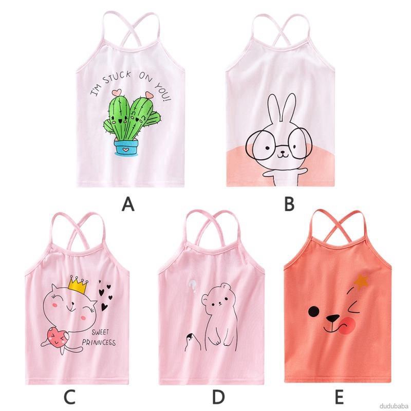 Áo yếm hai dây không tay vải cotton in hình vẽ hoạt họa thời trang mùa hè dành cho bé gái