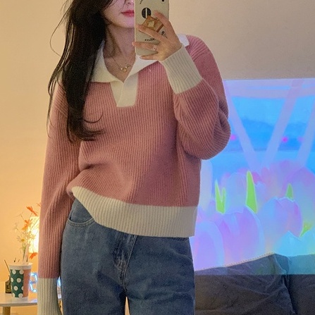 Áo polo ZHELIHANGFEI dệt kim tay dài dáng rộng dễ phối đồ