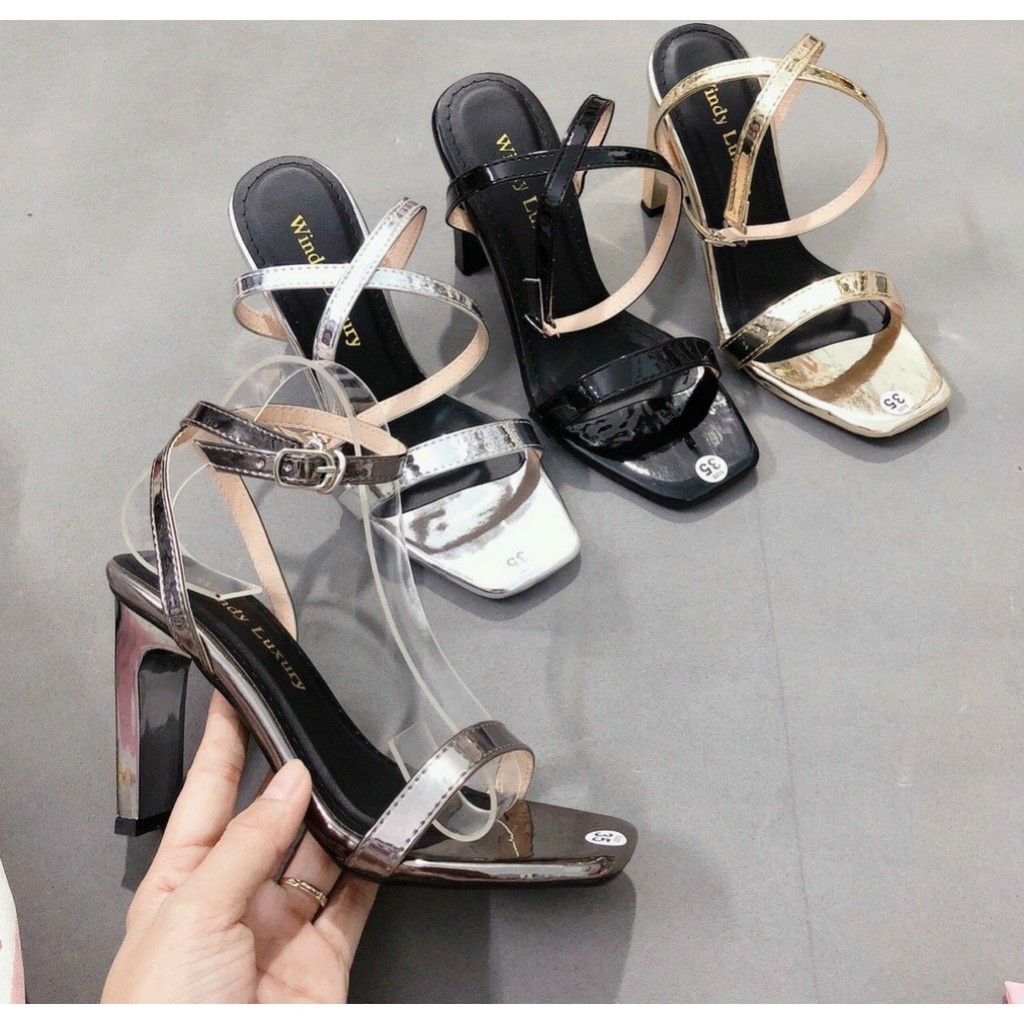 Giày sandal nữ cao gót đế trụ 9 phân quai da trơn bóng - SD35