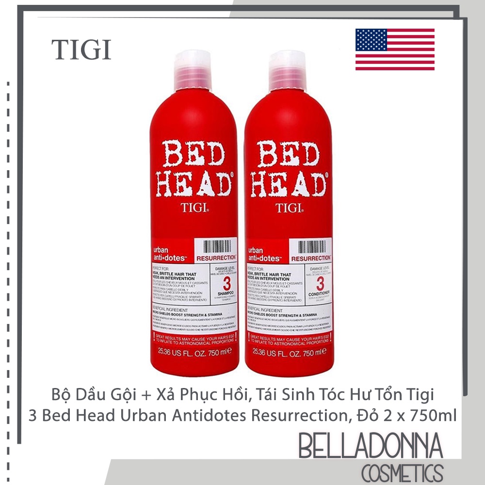 Bộ Dầu Gội + Xả Phục Hồi Tóc Hư Tổn Tigi 3 Bed Head Urban Antidotes Resurrection, Đỏ 2 x 750ml