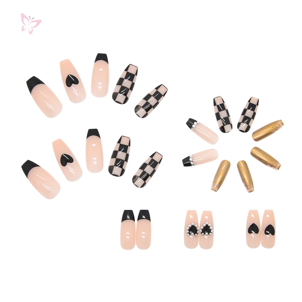 Móng Tay Giả Dáng Dài Màu Đen Họa Tiết Caro Dễ Tháo Rời Thời Trang/Móng Tay Giả 3d / Móng Tay Giả Kèm Keo Móng Dài/ nơ kèm keo dán dễ thương xinh xắn
