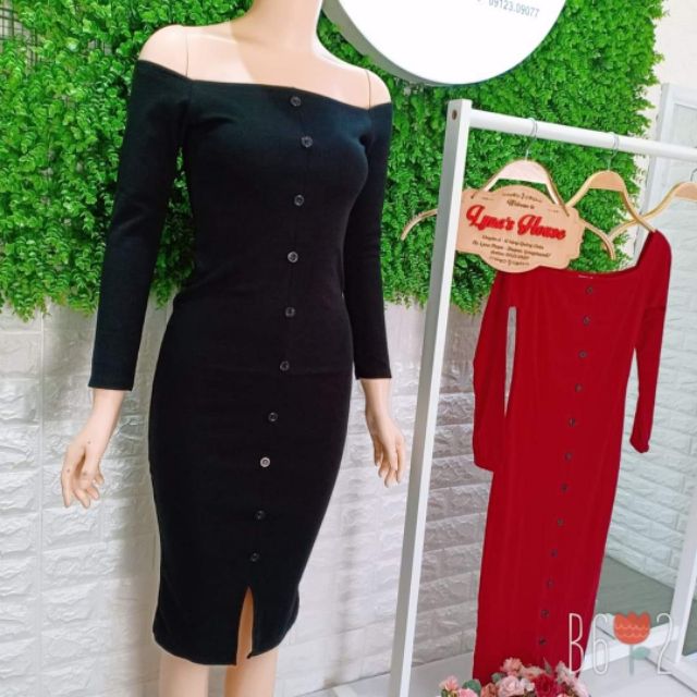 LH03 - Đầm Body Trễ Vai Tay Dài Nút Giữa | BigBuy360 - bigbuy360.vn