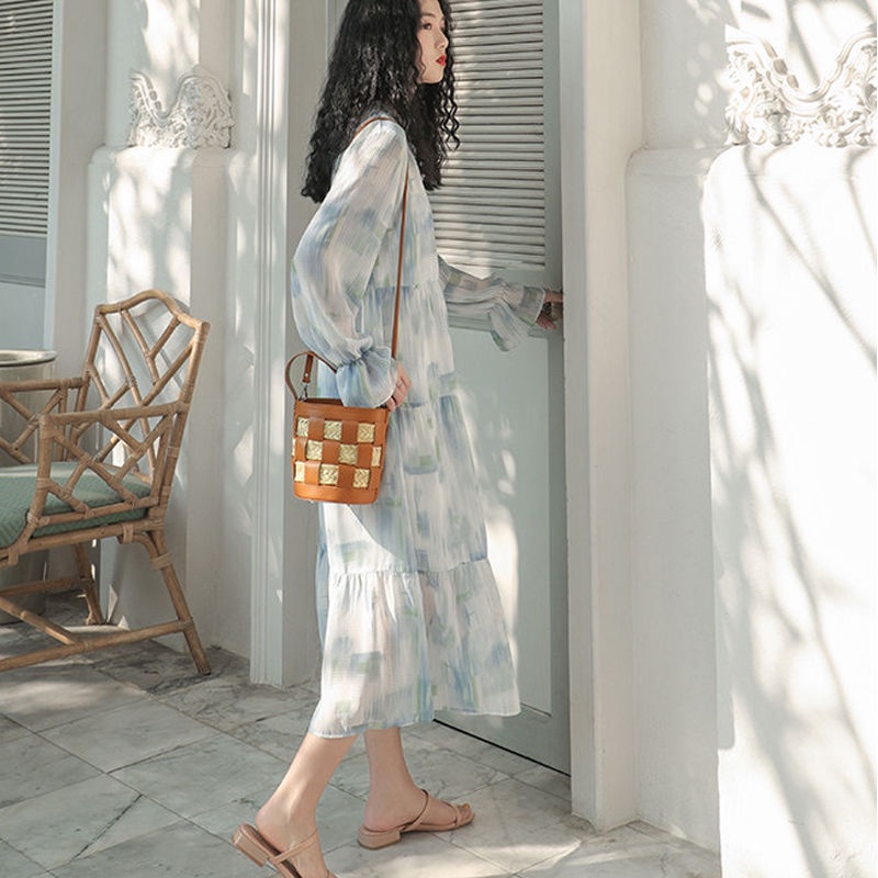 Đầm Tay Dài Sọc Ca Rô Phong Cách Hàn Quốc Trẻ Trung Nhẹ Nhàng Cho Nữ