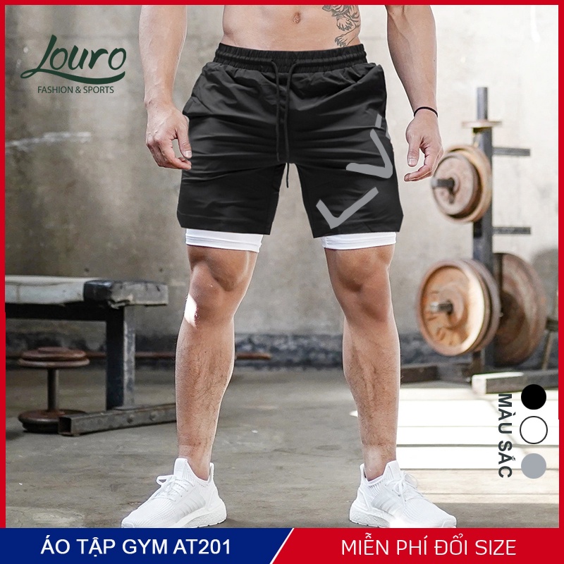 Quần tập gym nam 2 lớp Louro, kiểu quần short đùi nam tập gym, chạy bộ, chơi thể thao, chất liệu co giãn 4 chiều - QT300