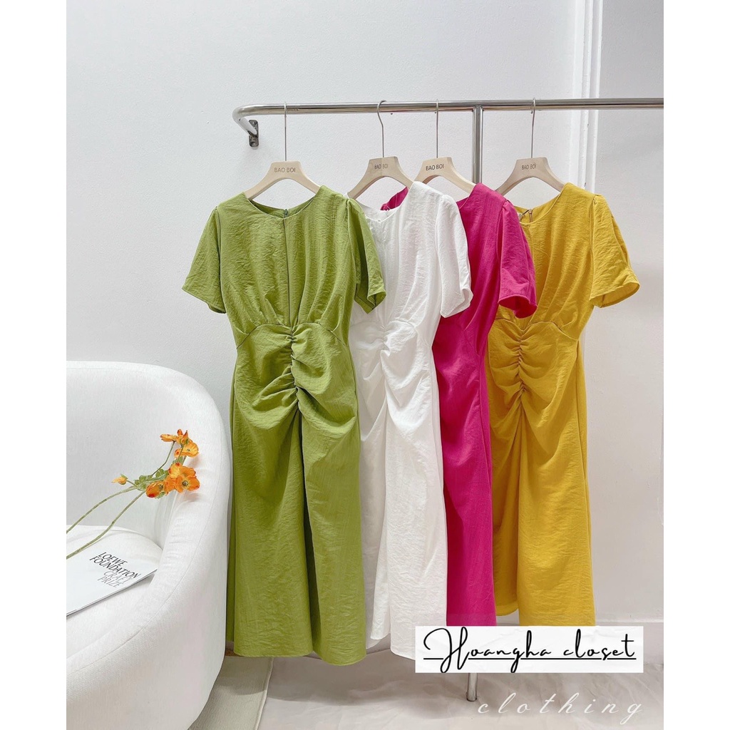 Đầm Thiết Kế Xuông Nữ Cộc Tay Dúm Eo Chất Đũi Mát - Hl