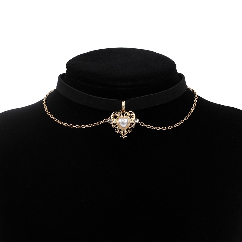 Vòng cổ choker hai lớp mặt dây hình trái tim màu đen chất liệu nhung phong cách cổ điển thời trang cho nữ