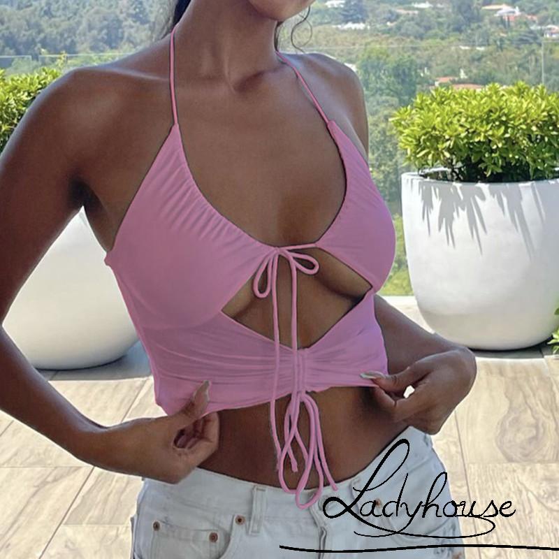 Áo Crop Top Hai Dây Màu Trơn Hở Lưng Gợi Cảm Cho Nữ