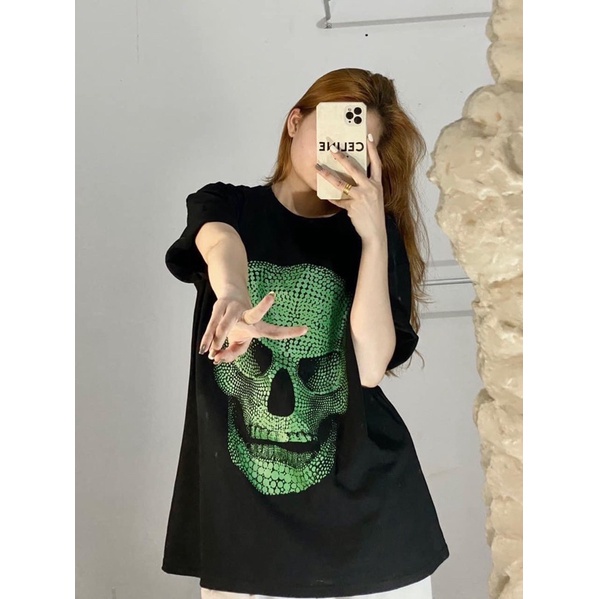 Áo thun tay lỡ Đầu Lâu Xanh BIGOMALL - Áo phông nam nữ unisex Freesize Form Rộng 65kg
