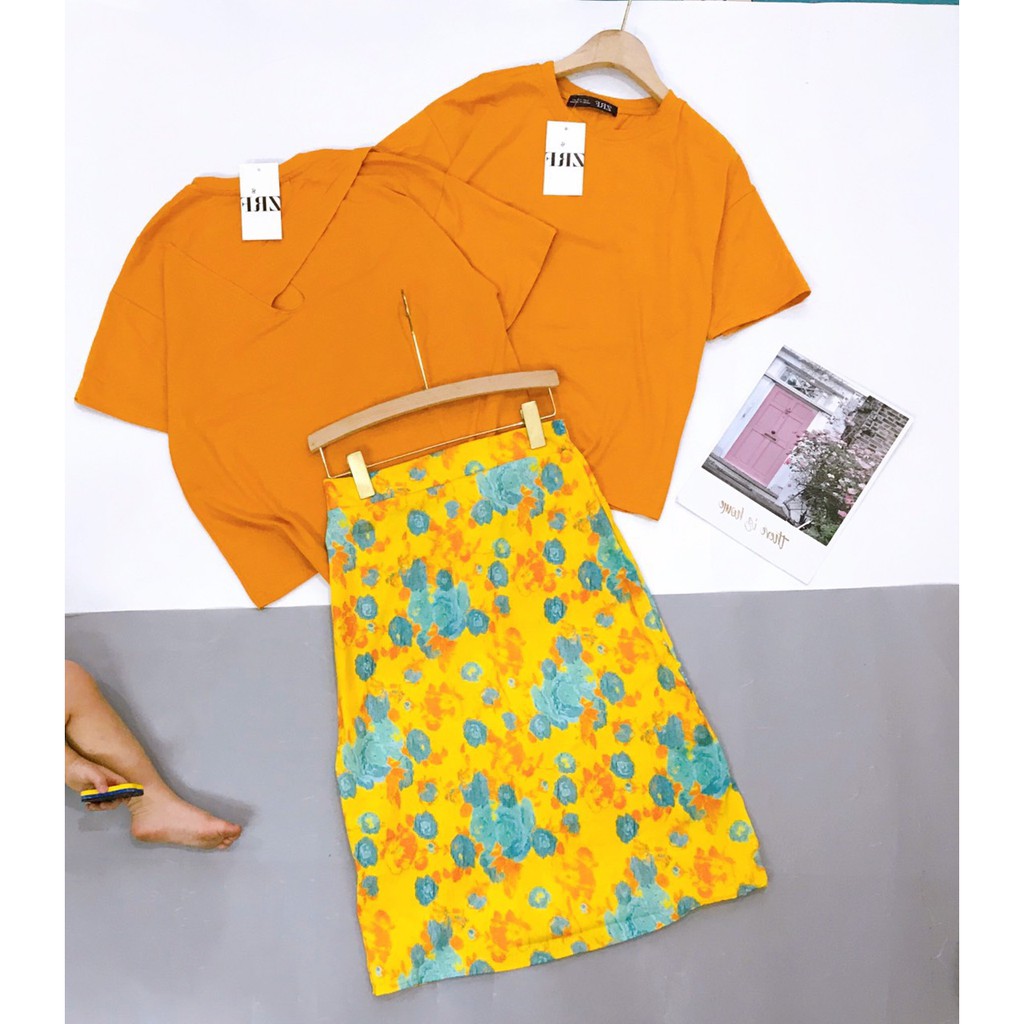 Set Áo Phông Cam Mix Chân Váy Hoa Chữ A Dáng Dài Siêu Hót | BigBuy360 - bigbuy360.vn