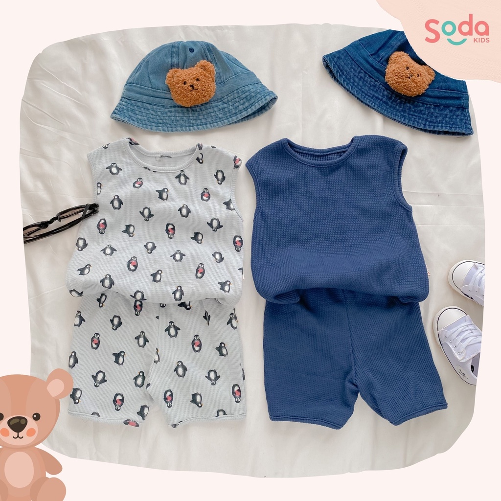 Bộ quần áo cho bé trai Peinguin SODA KIDS họa tiết xanh/chim cánh cụt waflle mềm mại