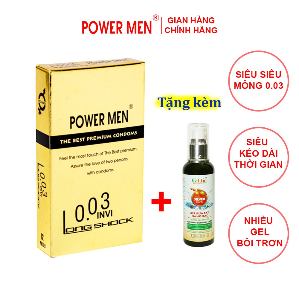 Bao cao su Powermen Điệp Viên Tàng Hình INVI 0.03 Longshock 12 bao