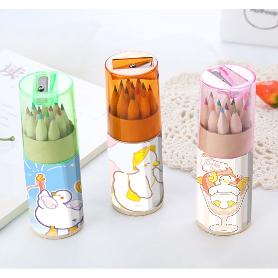 Bộ bút chì 12 màu dake duck BBC45 kèm gọt bút dễ thương hoạt hình