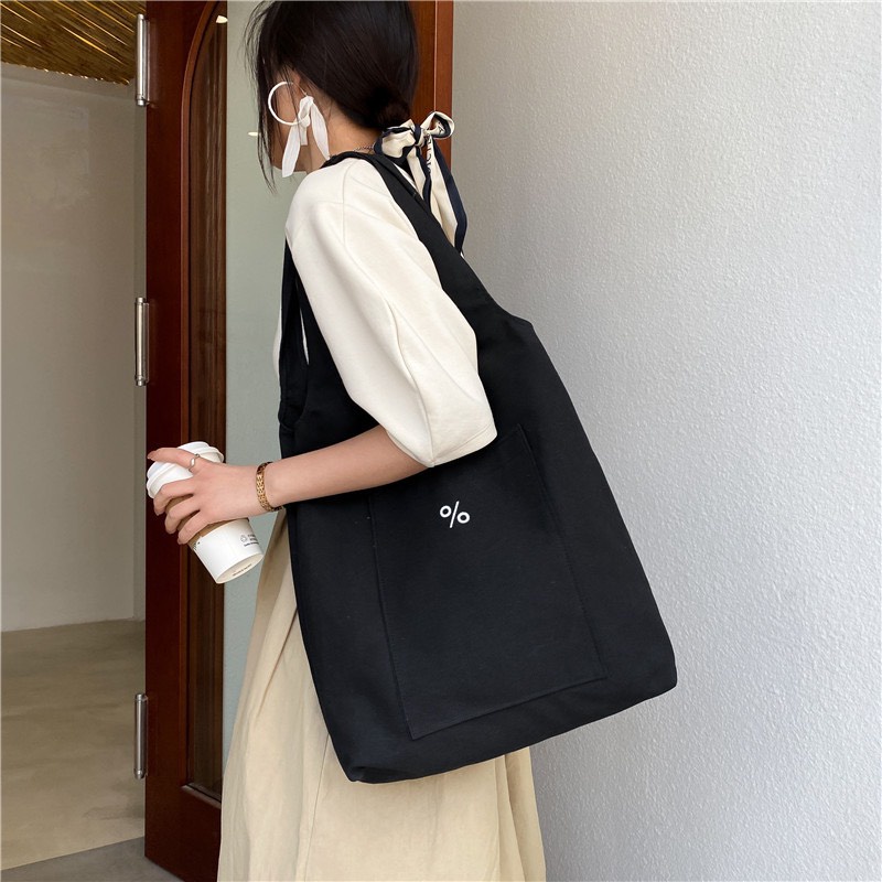 Túi tote vải canvas có túi phụ bên ngoài dành cho nữ phong cách ulzzang nhiều mẫu