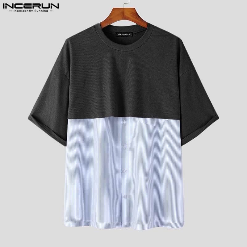 Áo kiểu INCERUN tay ngắn cổ tròn họa tiết kẻ sọc đơn giản thời trang cho nam