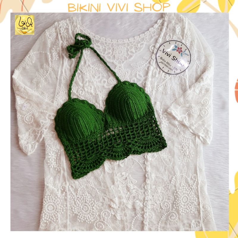 Áo Len Móc Đi Biển, Đan Tay Xanh Lá, Đồ Tắm Biển Nữ (Kèm Ảnh Thật)
