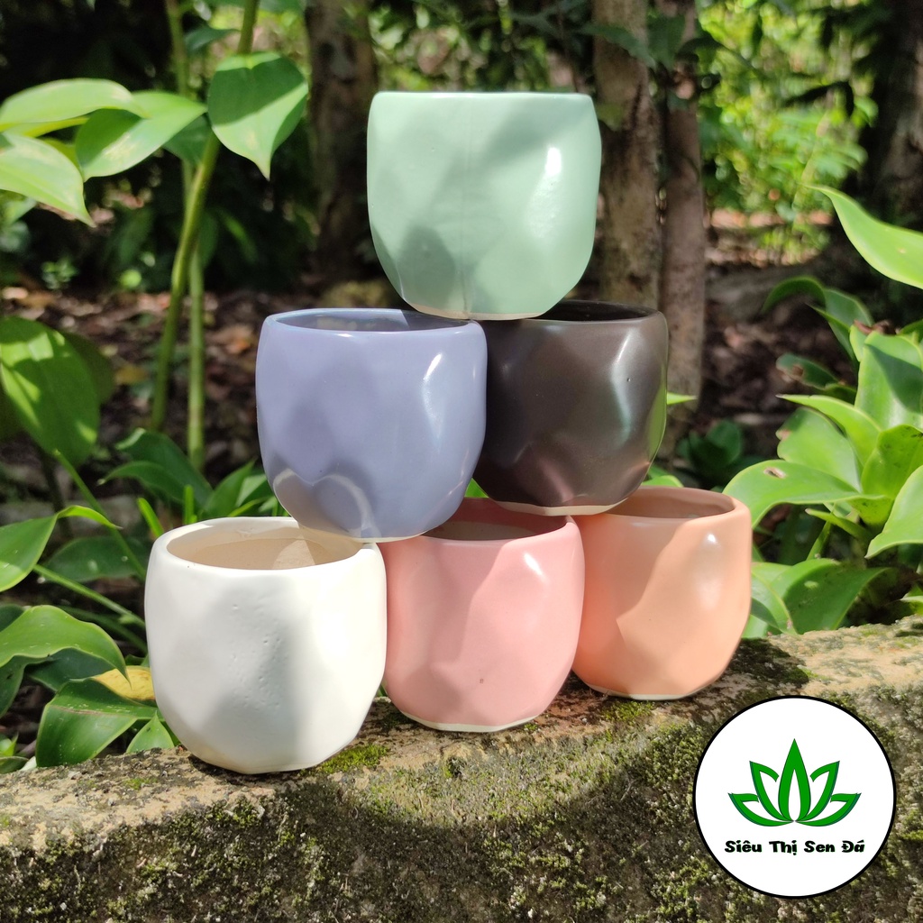 Chậu Sứ Tráng Men Kích Thước 7x7 cm Trồng Sen Đá, Xương Rồng Họa Tiết Sọc Chéo Hình Ovan