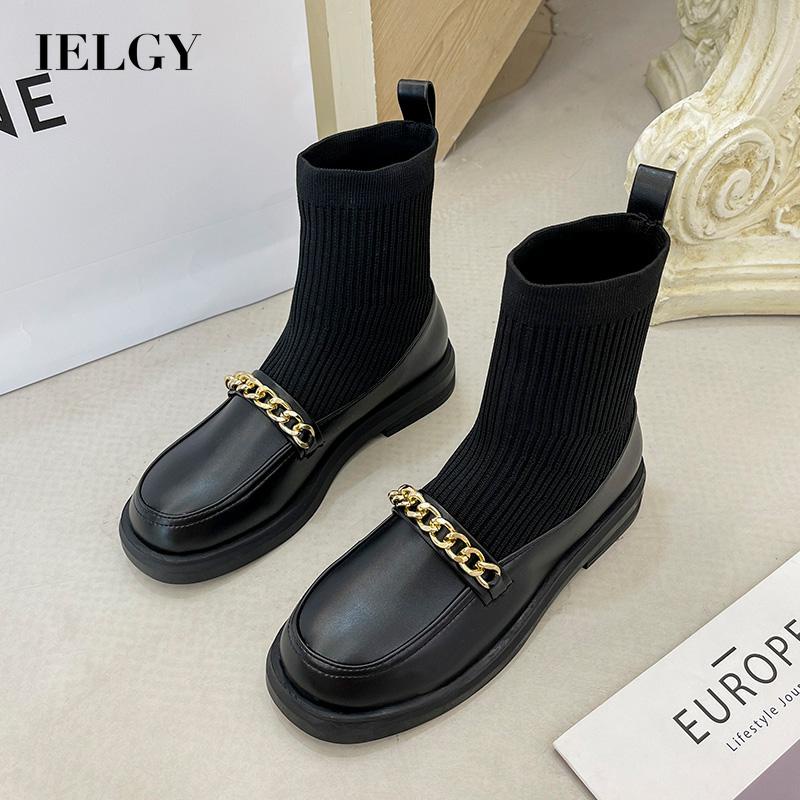 Ielgy Giày Bốt Tất Dệt Kim Phối Dây Xích Cổ Cao Vừa Phong Cách Anh Quốc Đại Học Cho Nữ