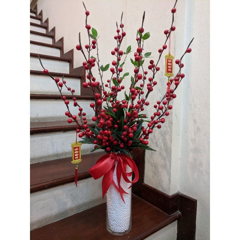 Cành ĐÀO ĐÔNG ĐỎ trang trí dài 70cm bóng đẹp [MUA TỪ 3 CÀNH GIÚP SHOP]