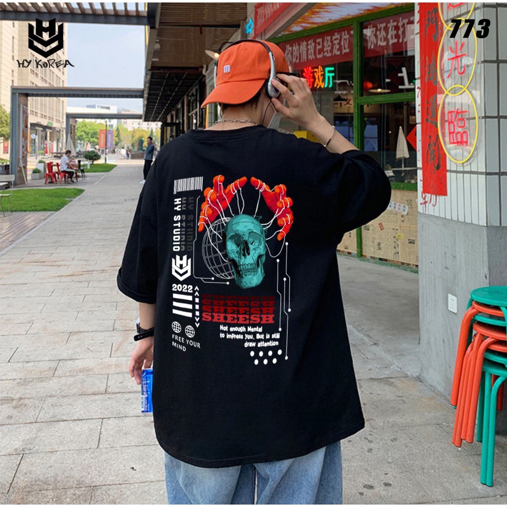 Áo thun nam tay lỡ HY KOREA nam nữ form rộng in hình Tay ôm Đầu lâu 773