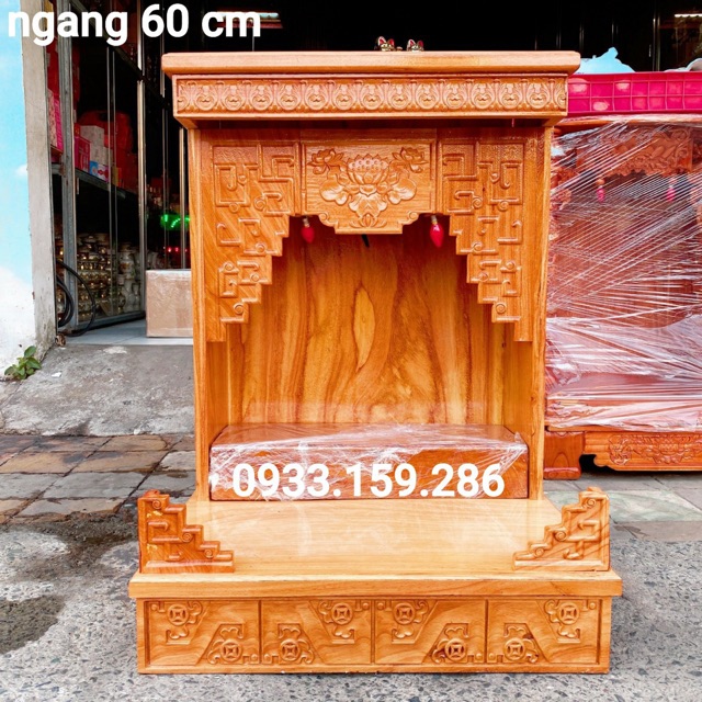 Bàn thờ thần tài ông địa gỗ gõ đỏ ngang 60 cm kèm theo đôn gỗ