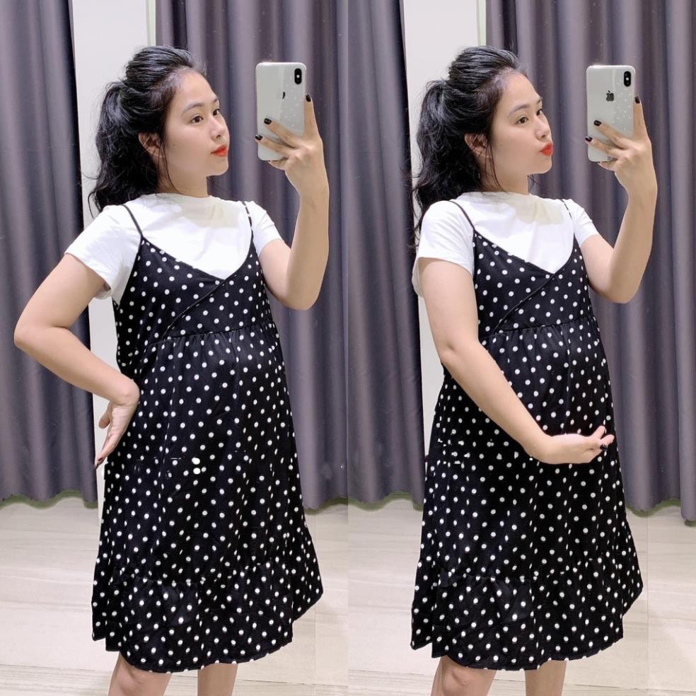 Váy yếm bầu 2 dây dáng suông Xuân Hè cho mẹ bầu mặc nhà, đồ ngủ đều đẹp sexy *