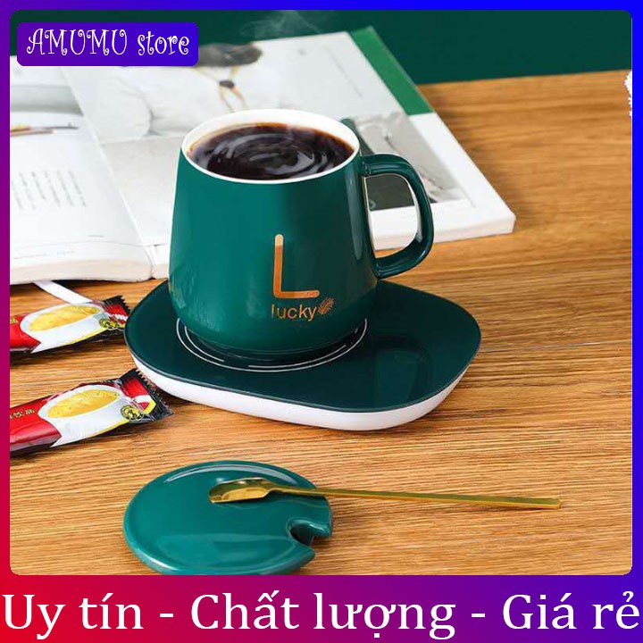 Cốc hâm nóng cao cấp bằng sứ kèm đế điện, Ly sứ kèm đế điện hâm nóng cafe, sữa, trà Tặng kèm thìa mạ vàng tiện lợi