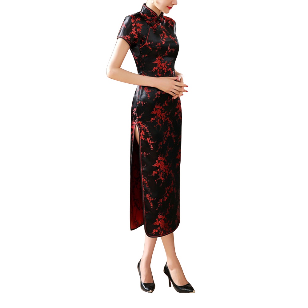 Sườn xám Trung Hoa xẻ tà thêu hoa thanh lịch cho nữ