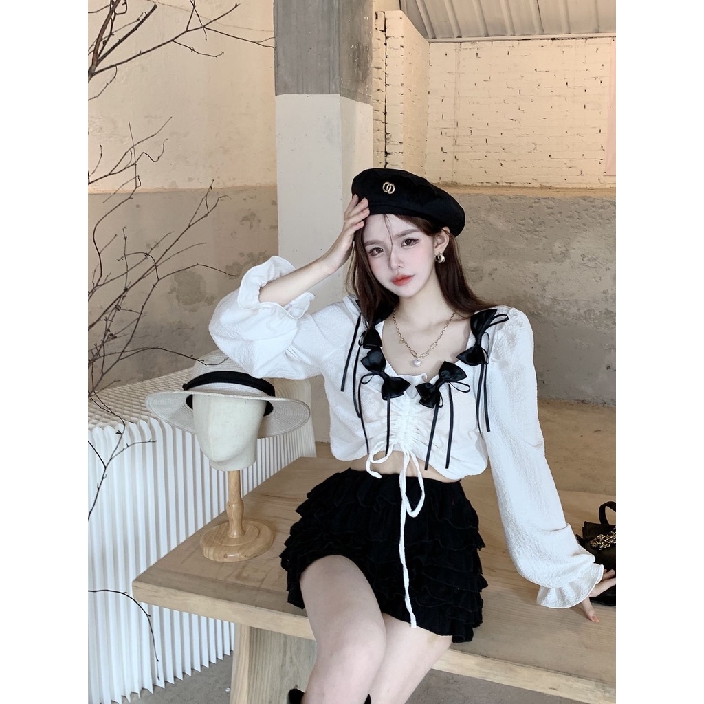 Áo Kiểu Dây Rút Xếp Ly Ôm Dáng Màu Sắc Tương Phản Họa Tiết Kẻ Sọc Phối Nơ Xinh Xắn Cho Nữ