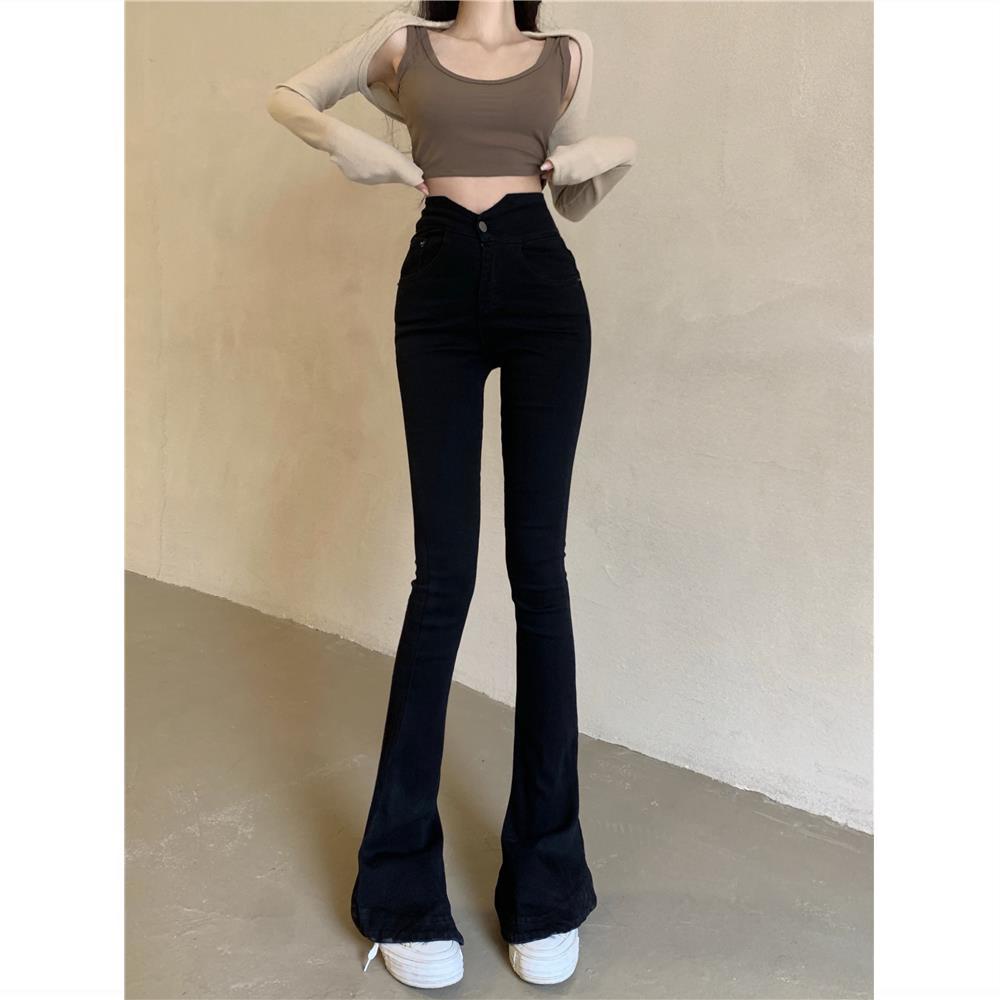 Jiashucheng Quần Jean Ống Loe Lưng Cao Dáng Ôm Màu Xanh Dương Phong Cách Phương Tây Thời Trang Mùa Hè Cho Nữ