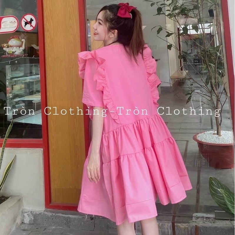 Đầm babydoll viền bèo in hình baby form rộng bầu bì bon chen che bụng che đùi big size siêu xinh