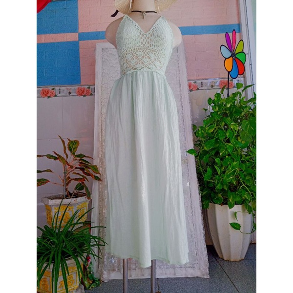 Đầm maxi đũi xanh min phối lên móc, hở lưng sexy siêu đẹp hàng secondhand Size S M