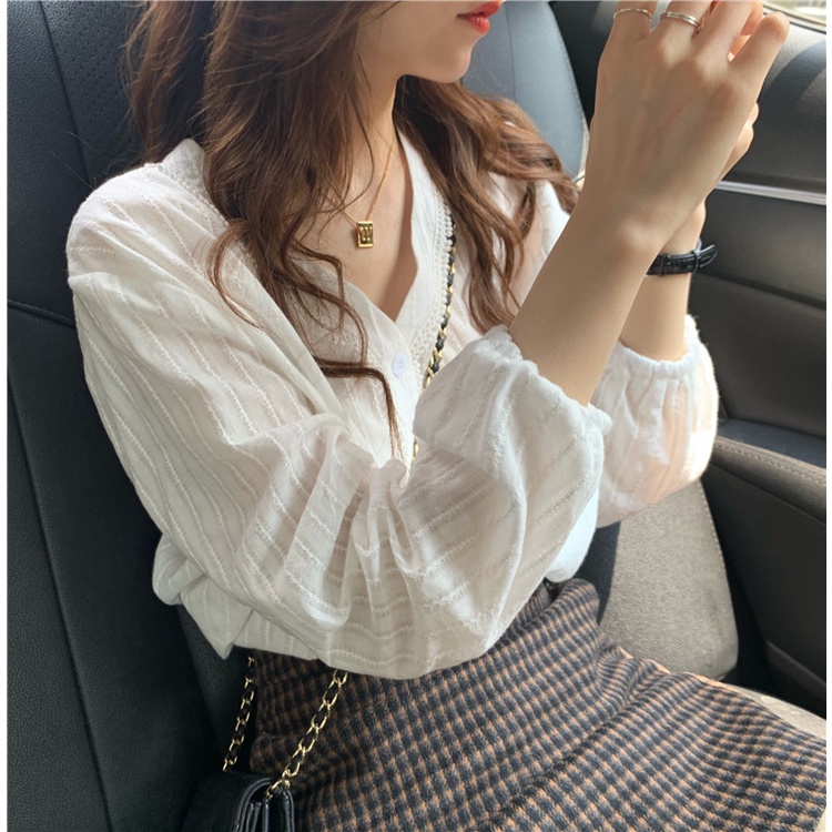 Áo sơ mi kiểu nữ dài tay thiết kế Cổ V retro Hàn Quốc Áo kiểu nữ cổ tim tay dài ngọt ngào sọc dọc Vintage