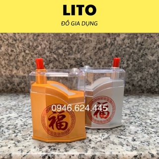 Lọ đựng tăm chữ Hỷ nút bấm bật tăm tự động, nắp đậy nhựa trong, tăm ấn là lên