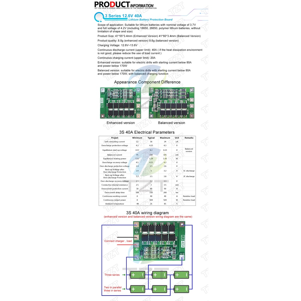 Bảng mạch bảo vệ pin Lithium 3S/4S 40A 60A 18650 BMS 11.1V 12.6V/14.8V16.8V tăng cường/cân bằng