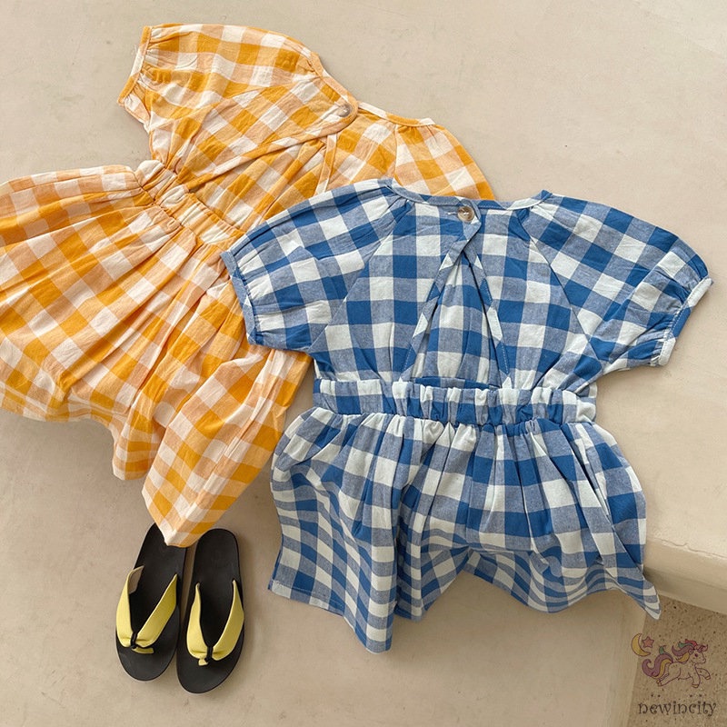 Đầm Cotton Ngắn Tay Họa Tiết Sọc Caro Thời Trang Mùa Hè Hàn Quốc Cho Trẻ Em