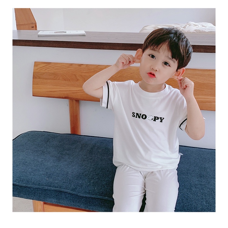 Bộ Cộc Tay Quần Dài Chất Thun Lạnh Minky Mom,Thêu Snooppy, Đồ Bộ Trẻ Em Nằm Điều Hòa Thu Đông (QATE338)